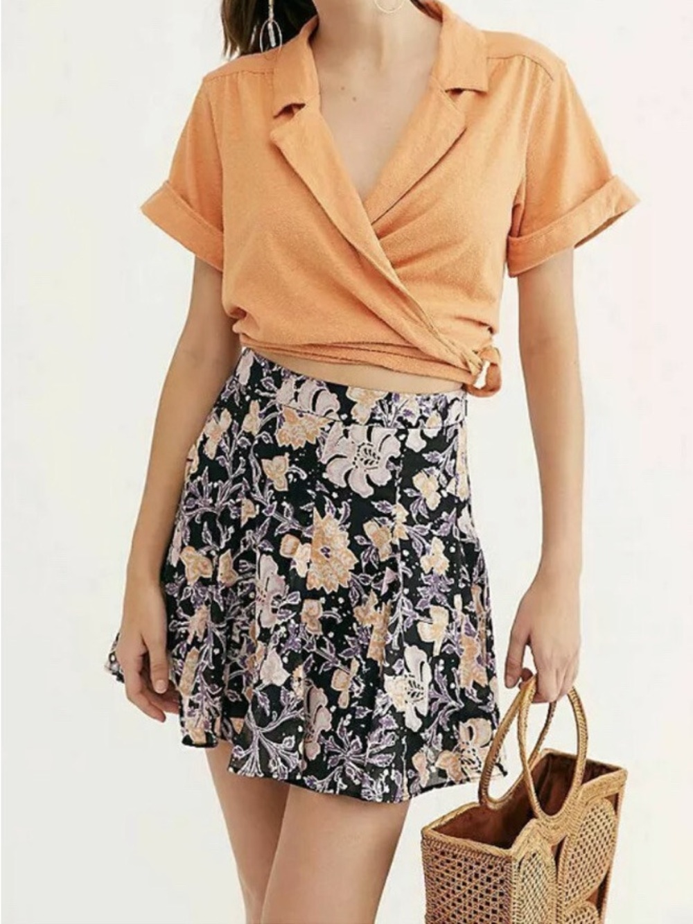 Free People Black Floral Skater Skirt with Peach & Lilac Blooms